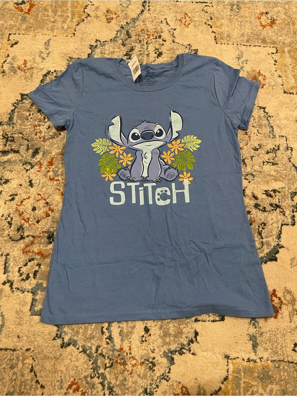 Disney Light Blue Stitch Graphic Tee with Floral Accents